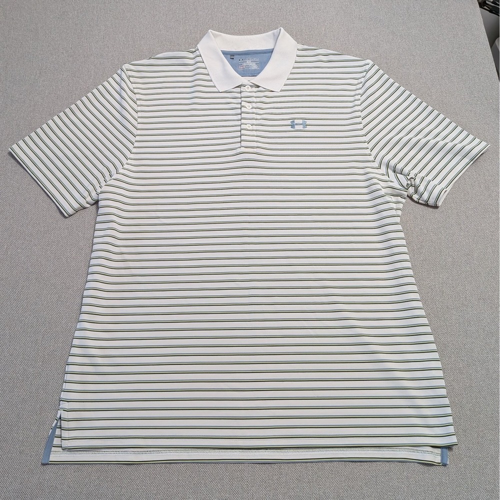 Under Armour Men's 2XL White Blue Green Striped Polo Shirt Loose Fit